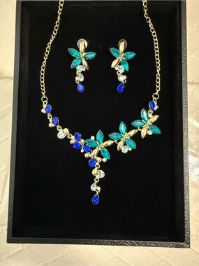 Gold-Tone Blue & Teal Crystal Floral Necklace and Earring Set